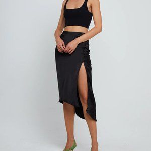 Kourt Black Satin Midi Skirt Button High Slit Asymmetrical Size Large